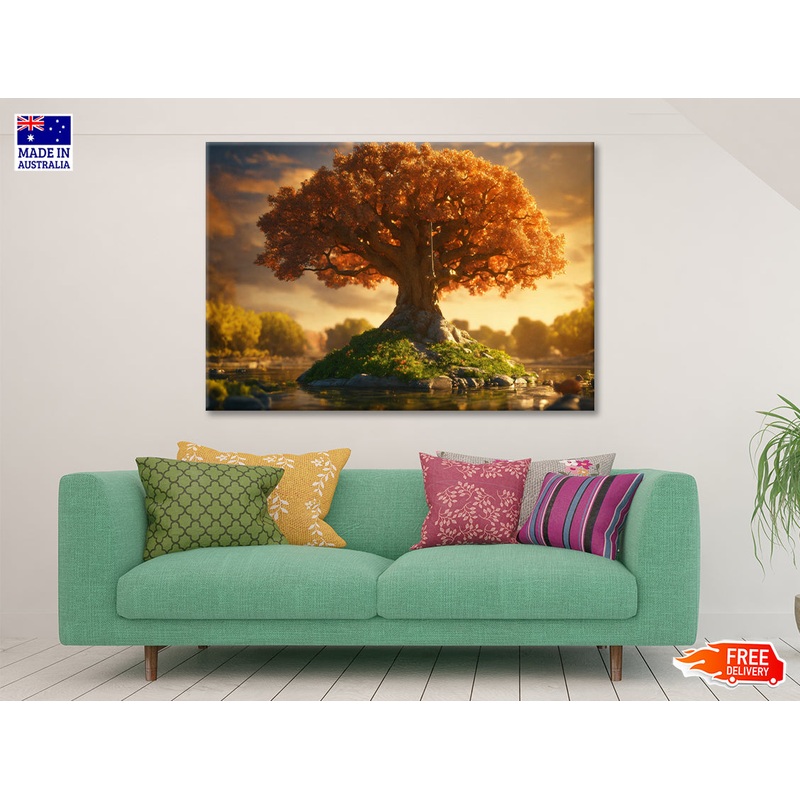 A Tree with Orange Leaves with Cloudy Sky Print 100% Australian Made