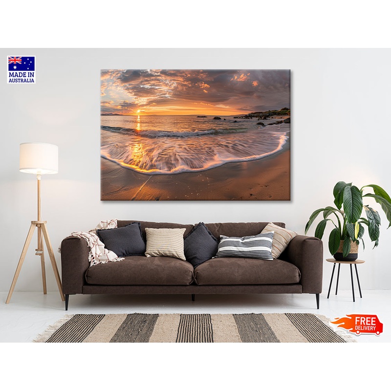 Beach Scene with Waves and a Sunset Print 100% Australian Made