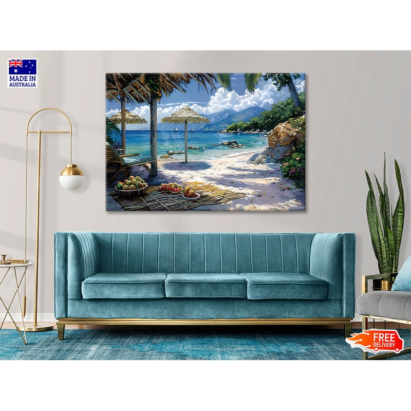 Beach with Umbrellas & Mountains View Print 100% Australian Made