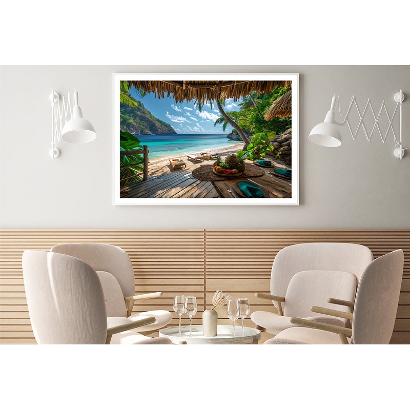 Table with Fruit and a Straw Umbrella on a Beach Home Decor Premium Quality Poster Print Choose Your Sizes
