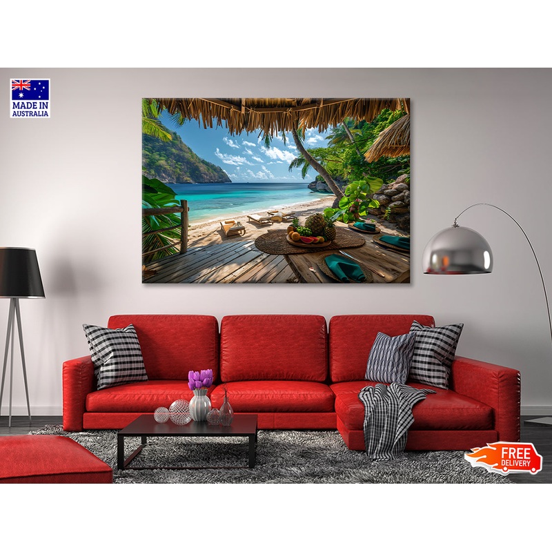 Table with Fruit and a Straw Umbrella on a Beach Print 100% Australian Made