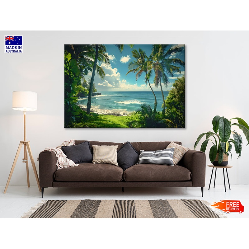 Tropical Beach with Palm Trees under Sky Print 100% Australian Made