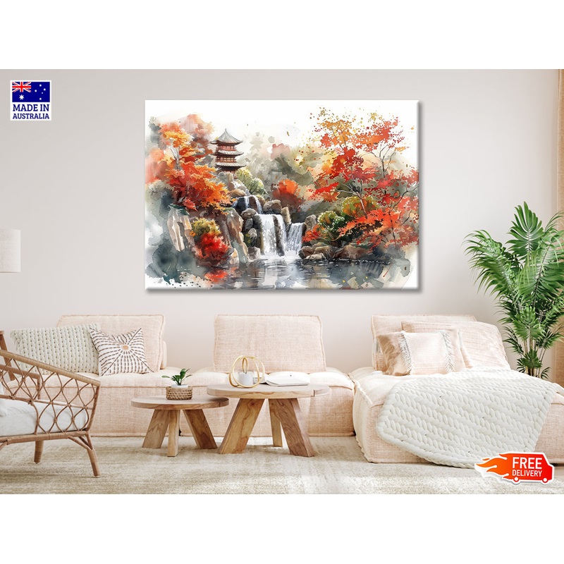 Waterfall Drawing With Trees Print 100% Australian Made