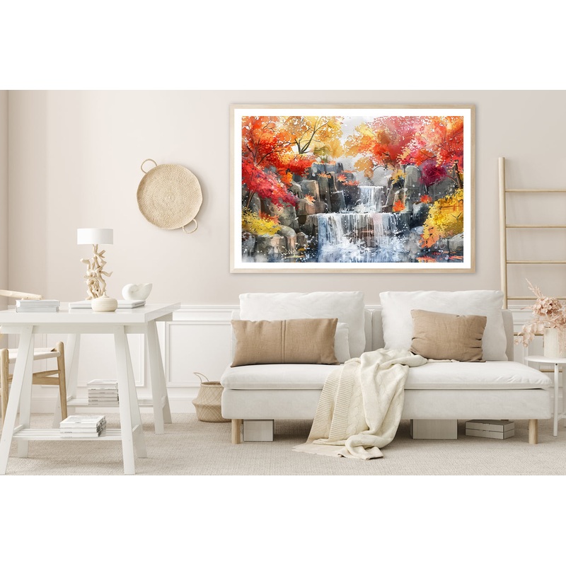 Waterfall Painting with Trees Home Decor Premium Quality Poster Print Choose Your Sizes