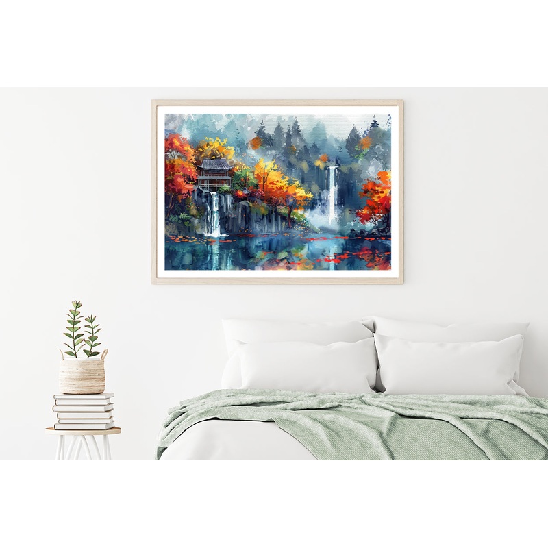 Waterfall, Trees & Building Home Decor Premium Quality Poster Print Choose Your Sizes