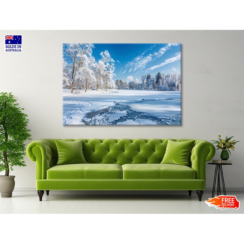 Winter, Frozen Lake and Snow-Covered Trees, Sky Print 100% Australian Made