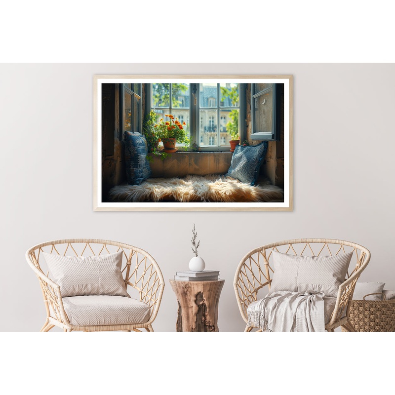 A Fluffy Pillow Resting On a Window Seat Home Decor Premium Quality Poster Print Choose Your Sizes