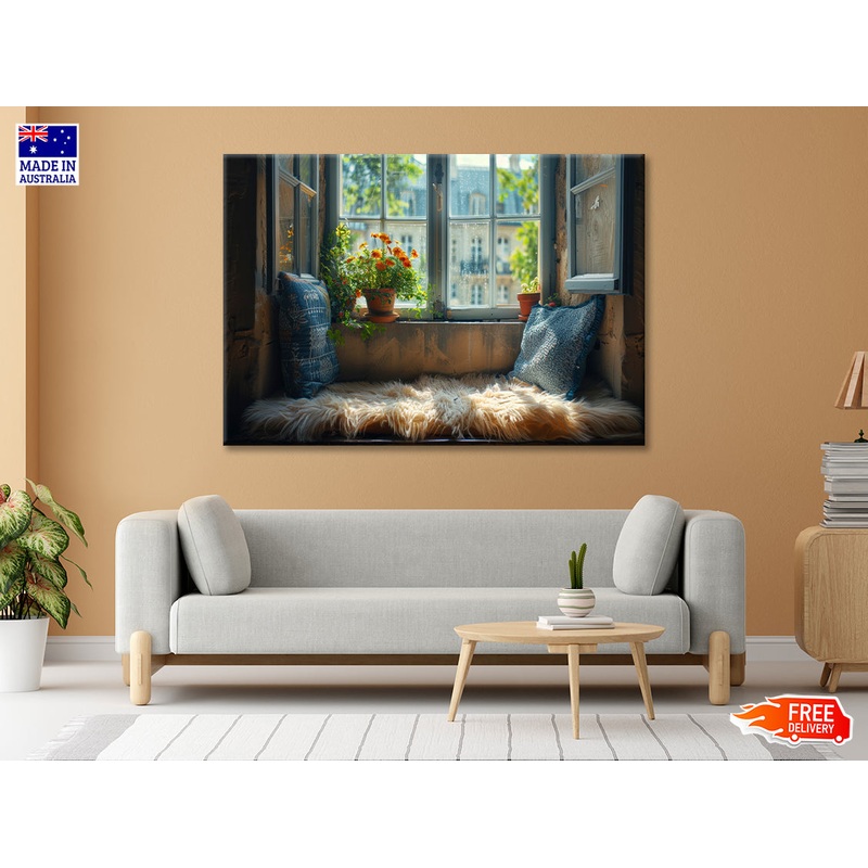 A Fluffy Pillow Resting On a Window Seat Print 100% Australian Made