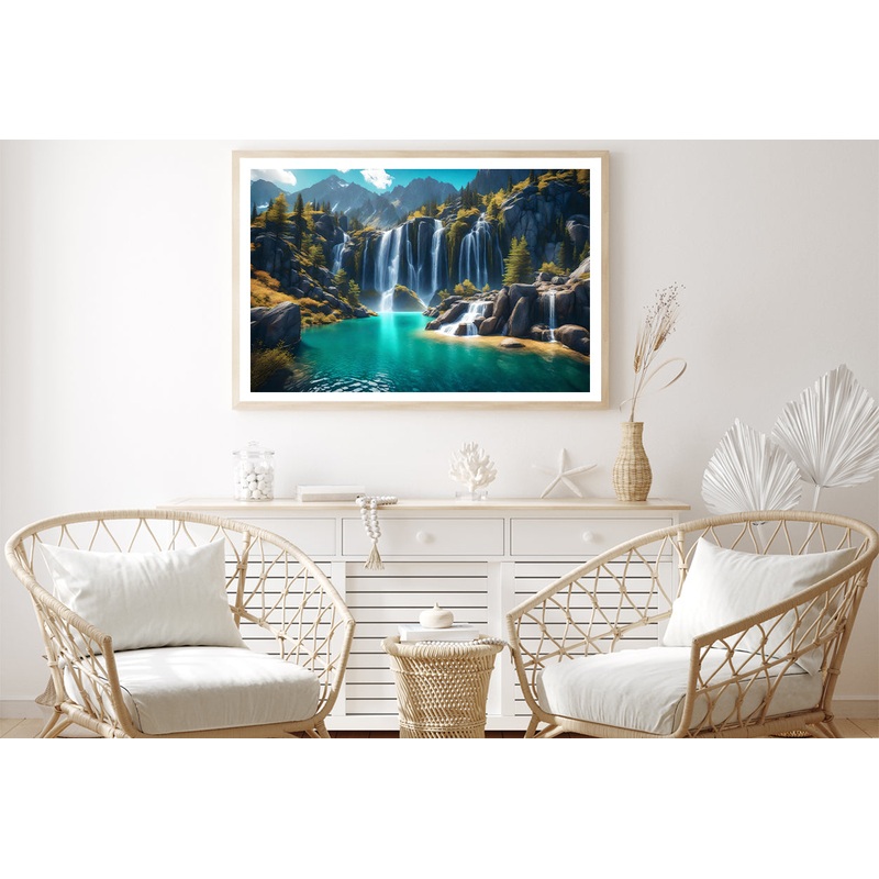Waterfall, Mountains & Clear Blue Sky Home Decor Premium Quality Poster Print Choose Your Sizes