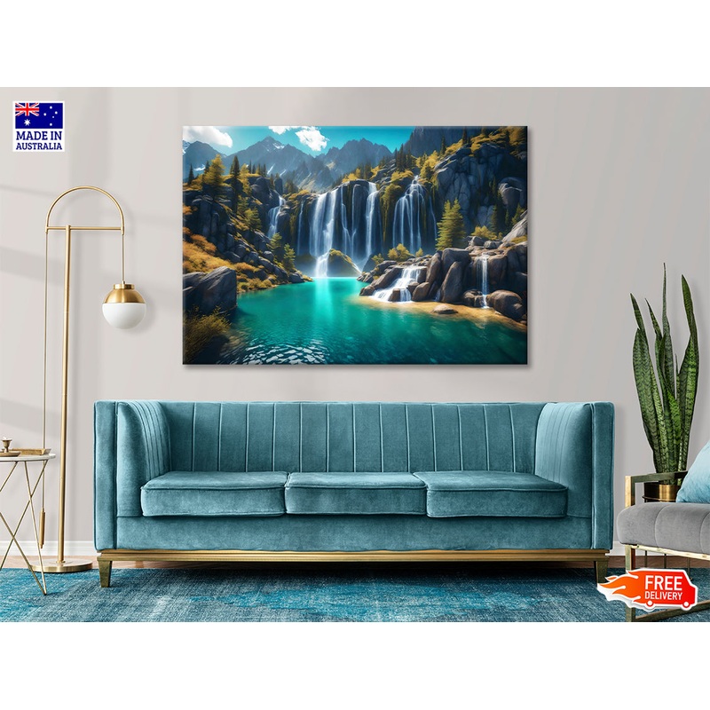 Waterfall, Mountains & Clear Blue Sky Print 100% Australian Made