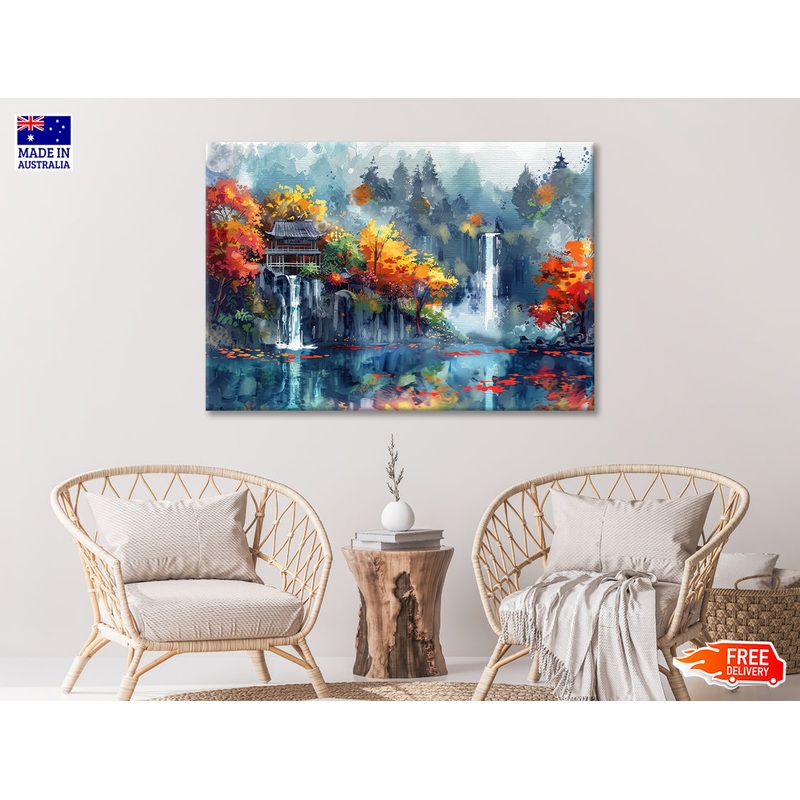 Waterfall, Trees & Building Print 100% Australian Made
