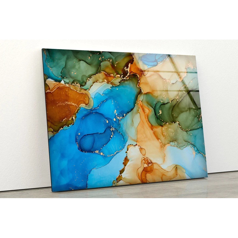 Blue Green & Gold Fluid UV Direct Aluminum Print Australian Made Quality