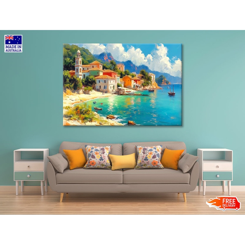 Town with Beach, Houses, Trees Print 100% Australian Made