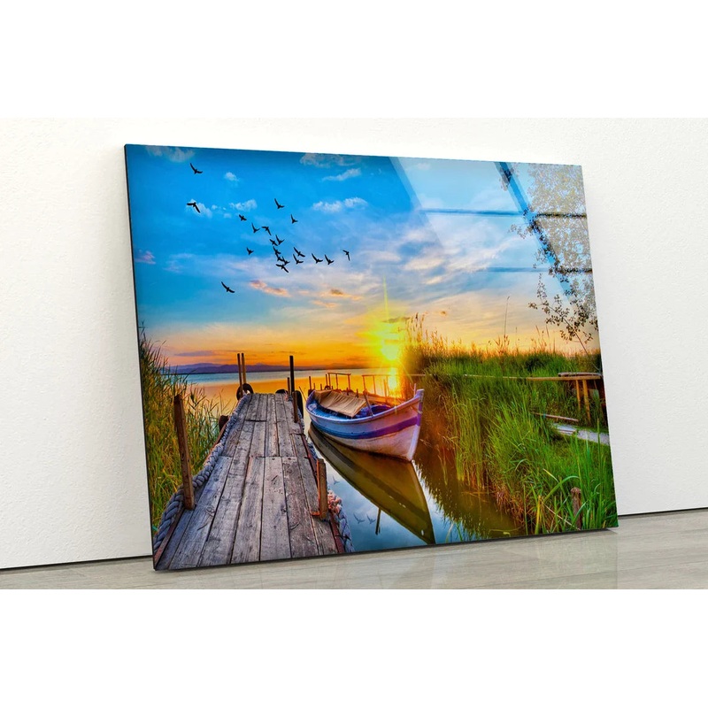 Boat Near Wooden Pier UV Direct Aluminum Print Australian Made Quality