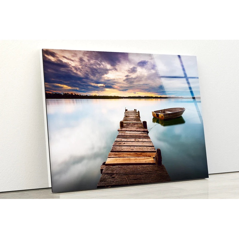 Boat & Pier on Lake UV Direct Aluminum Print Australian Made Quality