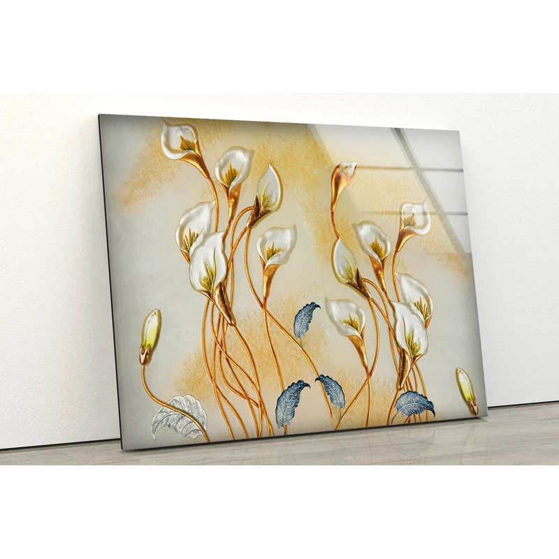 Gold White Blue Floral UV Direct Aluminum Print Australian Made Quality