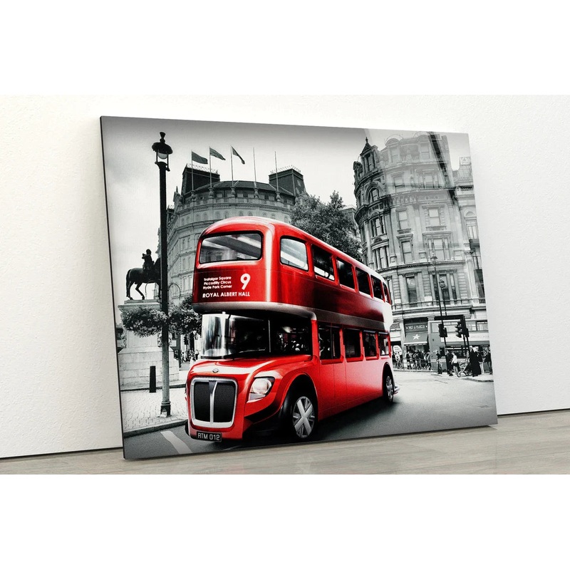 Red Bus in B&W City UV Direct Aluminum Print Australian Made Quality