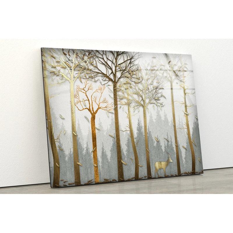 Trees & Deer Gold 3D UV Direct Aluminum Print Australian Made Quality