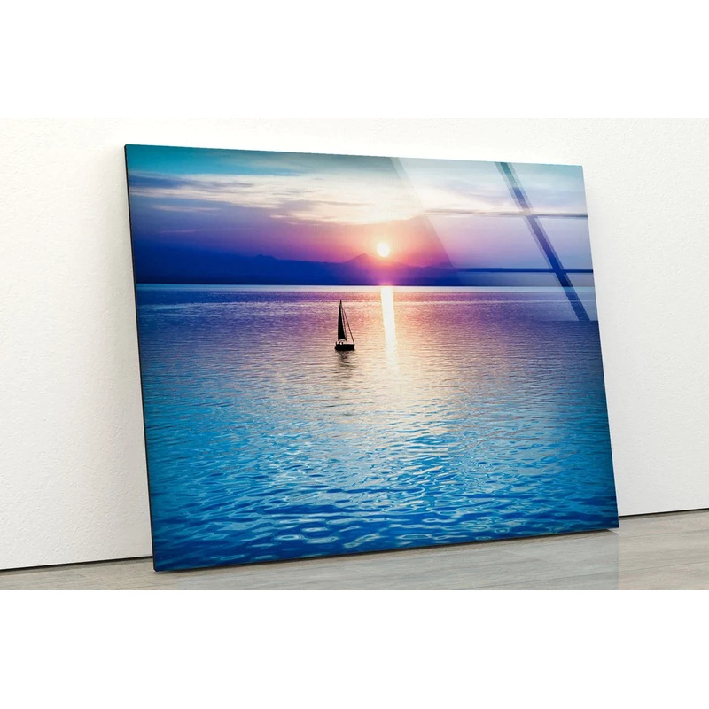 Boat on Sea Sunset View UV Direct Aluminum Print Australian Made Quality