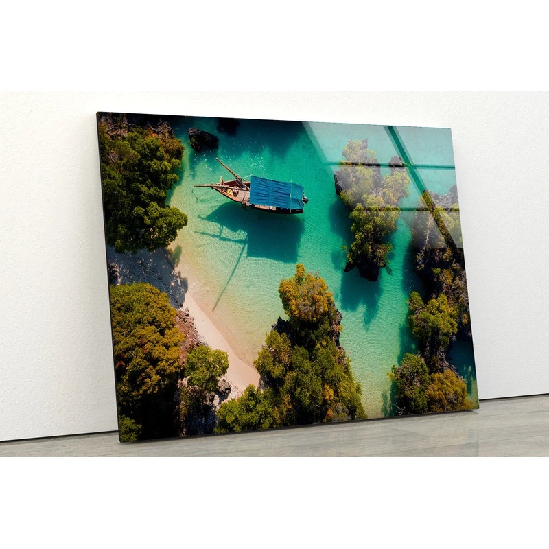 Boat on Sea with Forest UV Direct Aluminum Print Australian Made Quality