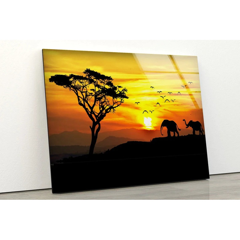 Elephants & Tree Sunset UV Direct Aluminum Print Australian Made Quality