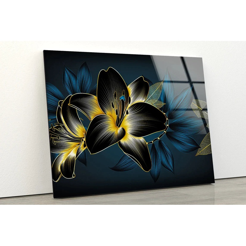 Gold & Blue Flowers UV Direct Aluminum Print Australian Made Quality