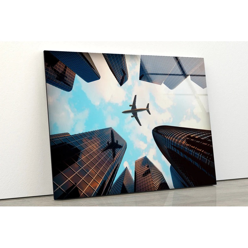 Plane Over Buildings UV Direct Aluminum Print Australian Made Quality
