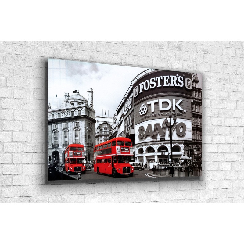 B&W City & Red Buses UV Direct Aluminum Print Australian Made Quality