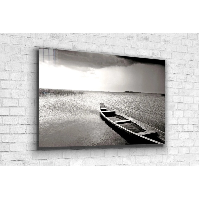 B&W Lonely Boat Lake UV Direct Aluminum Print Australian Made Quality