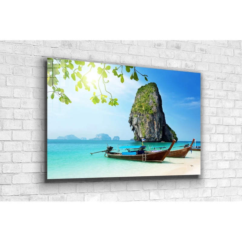 Boats near Cliff Sea UV Direct Aluminum Print Australian Made Quality