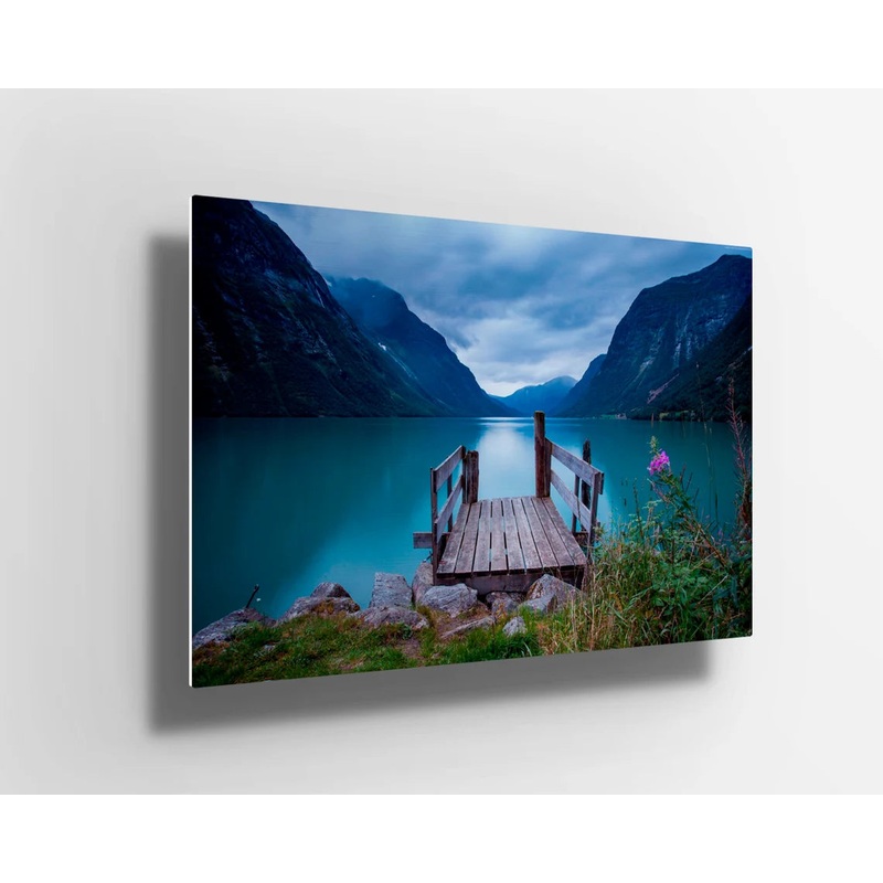 Mountains with sunset river lake UV Direct Aluminum Print Australian Made Quality