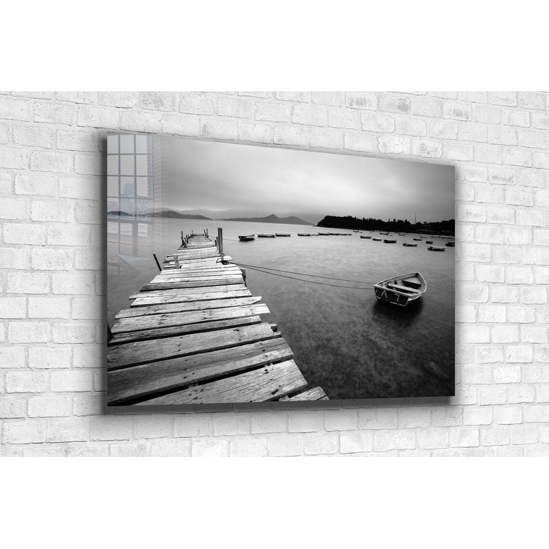 Wooden Pier & Boat B&W UV Direct Aluminum Print Australian Made Quality