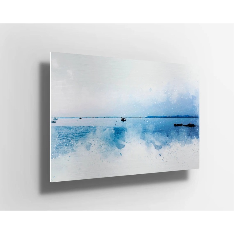 Blue watercolor lake boats UV Direct Aluminum Print Australian Made Quality
