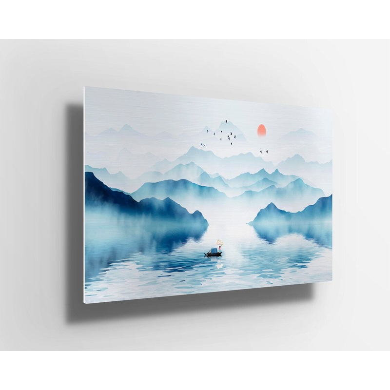Japanese blue watercolor cherry blossom mountain UV Direct Aluminum Print Australian Made Quality