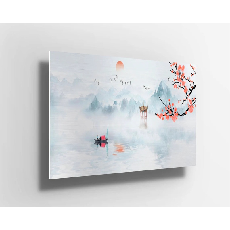Japanese blue watercolor cherry blossom mountains UV Direct Aluminum Print Australian Made Quality