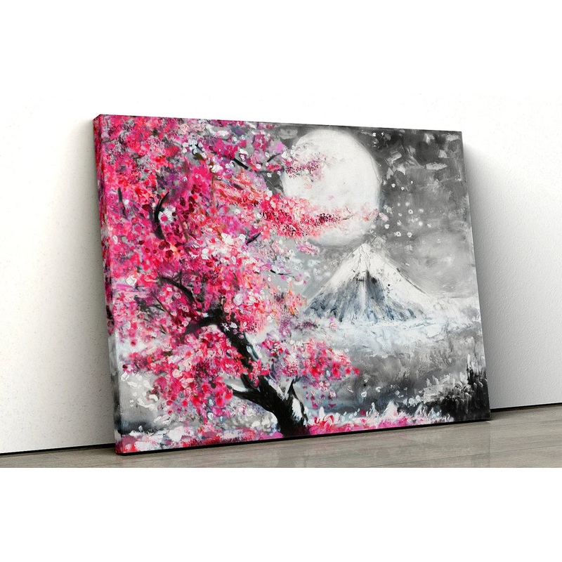 Japanese Pink blossom tree black white Mountain UV Direct Aluminum Print Australian Made Quality