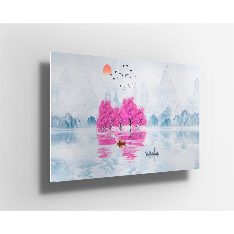 Japanese watercolor cherry blossom lake UV Direct Aluminum Print Australian Made Quality