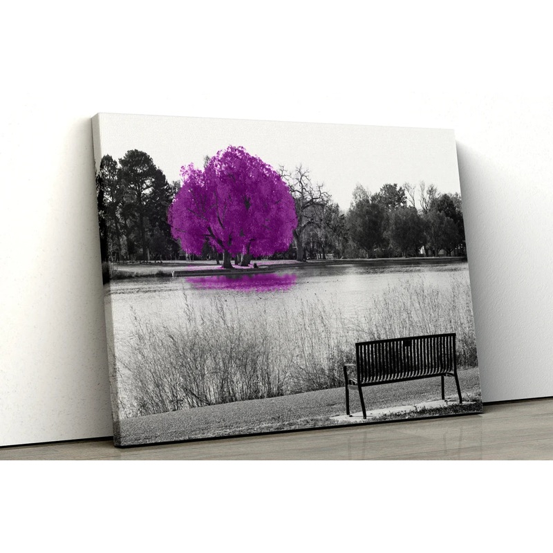 Large Purple tree set in a black and white park UV Direct Aluminum Print Australian Made Quality