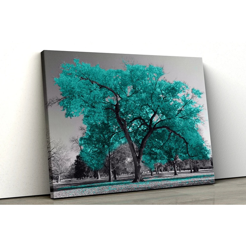 Large Teal tree set in a black and white park UV Direct Aluminum Print Australian Made Quality