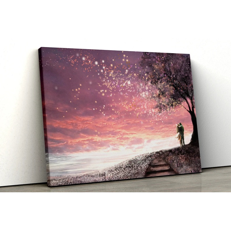 Pink sky Mountain scene with tree oil painting UV Direct Aluminum Print Australian Made Quality