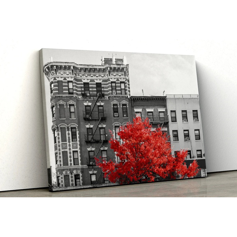 Red tree black and white city UV Direct Aluminum Print Australian Made Quality