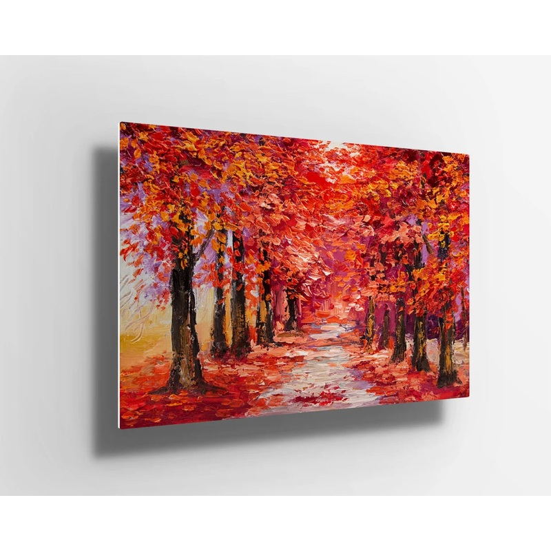 Red trees forest oil painting UV Direct Aluminum Print Australian Made Quality