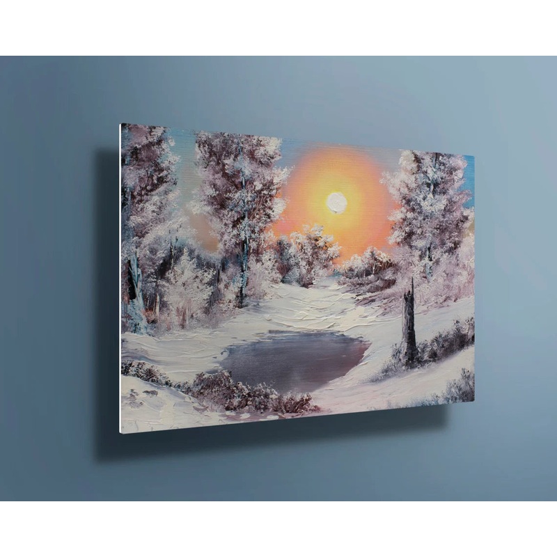 Winter Forest with snow trees sunset UV Direct Aluminum Print Australian Made Quality