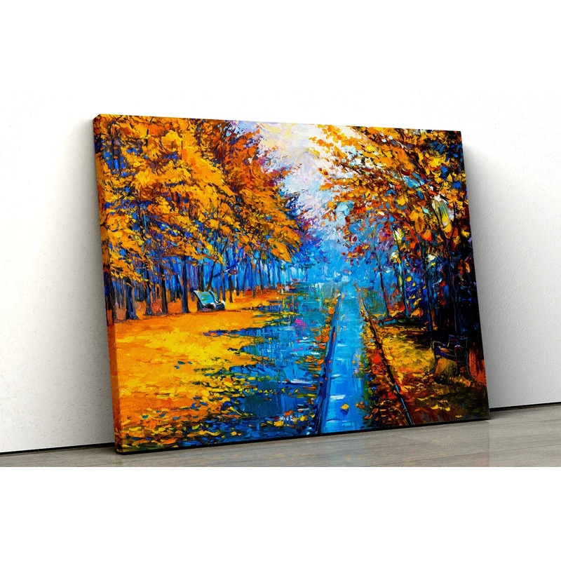 Yellow trees walkway path oil painting UV Direct Aluminum Print Australian Made Quality