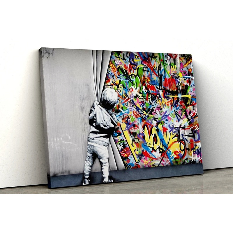 Banksy little boy pulling curtain UV Direct Aluminum Print Australian Made Quality