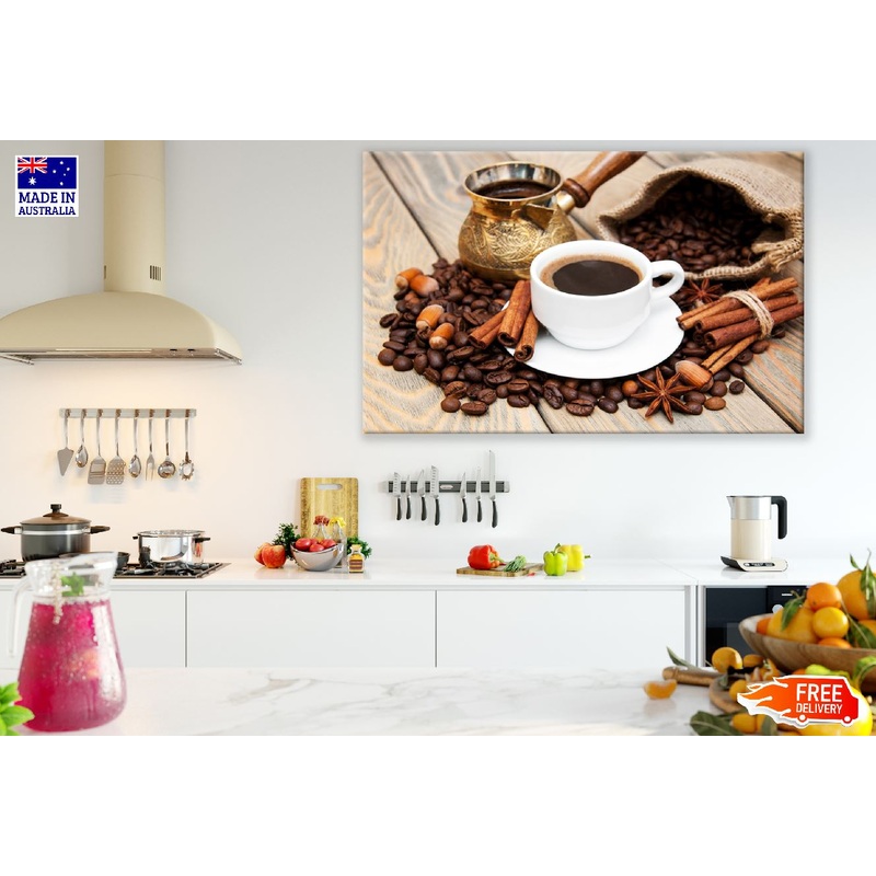 Black Coffee on a Glass and Coffee Beans with Spices Print 100% Australian Made