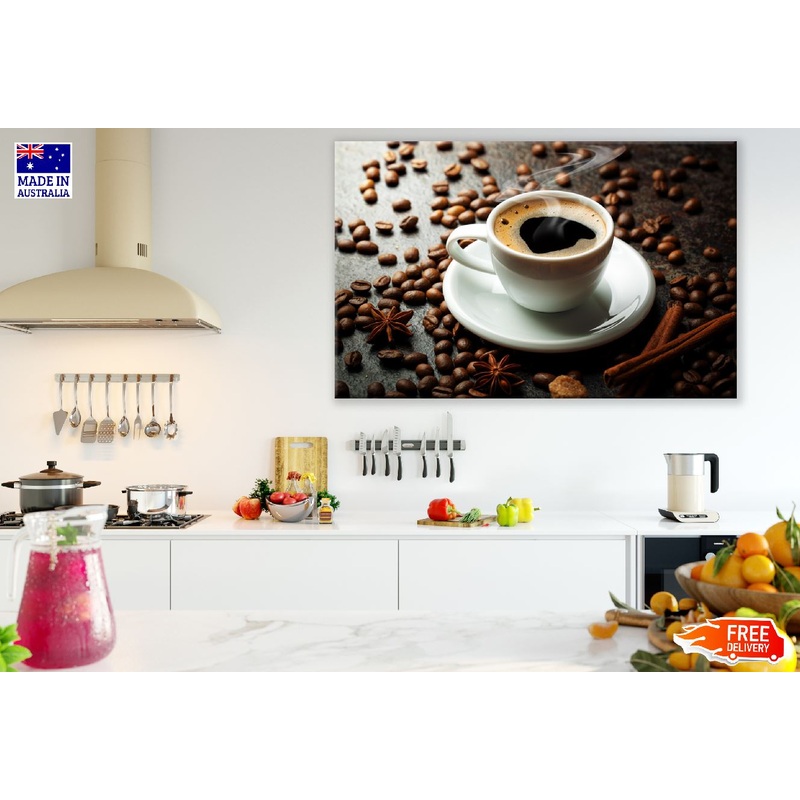 Black Coffee with Coffe Beans Closeup Photograph Print 100% Australian Made