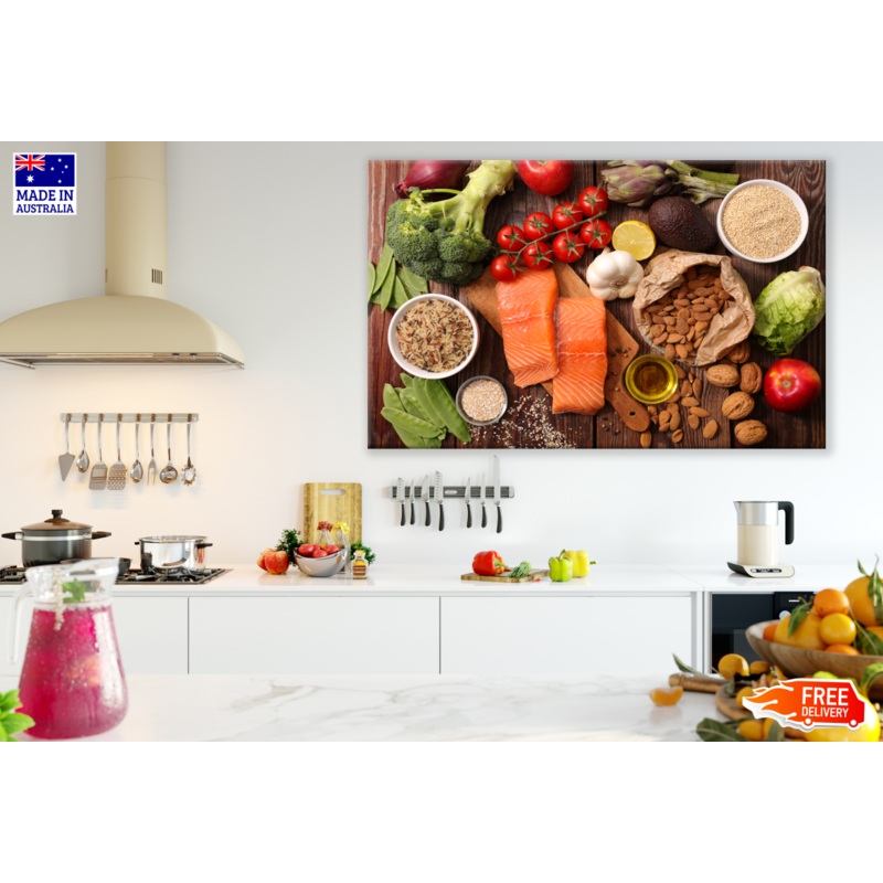 Fish & Vegetables on Wooden Table Kitchen & Restaurant Print 100% Australian Made