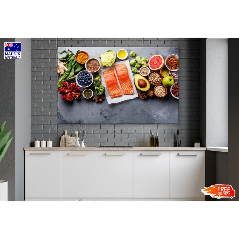 Healthy Fruits Vegetatables & Fish Photohraph Print 100% Australian Made
