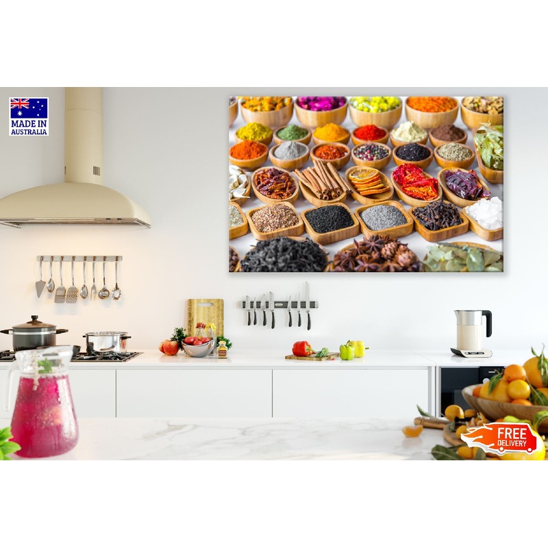 Healthy Spices With Wooden Bowls Photograph Print 100% Australian Made
